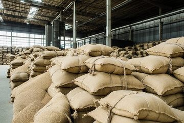Fototapeta premium Warehouse filled with stacked burlap sacks of goods Generative AI