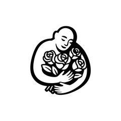 A stylized person embraces a bouquet of roses, expressing affection and happiness.
