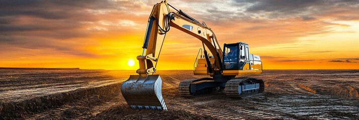 Yellow excavator operating at sunset in a construction site Generative AI