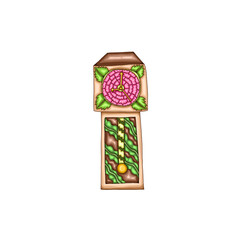 a wooden pendulum clock with plant motifs.