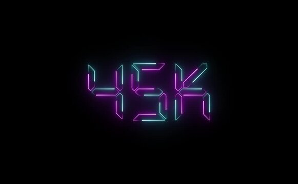 A radiant neon “45K” text icon glows and pulses in a smooth loop, flickering with vibrant colors to celebrate the milestone with bold, electric flair.
