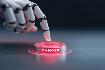 Android robot hand presses a futuristic interface button with text "DANGER" on a metallic grey table background. Concept of AI artificial intelligence technology and cybersecurity. 