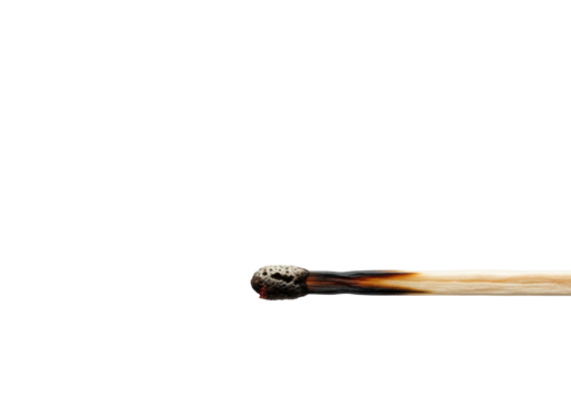 Extinguished light wooden matchstick, charred tip, delicate white smoke rising, isolated on seamless transparent. UHD macro, soft studio light. Transience and delicate beauty
