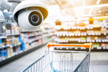 Security camera monitors shopping aisle in retail store Generative AI