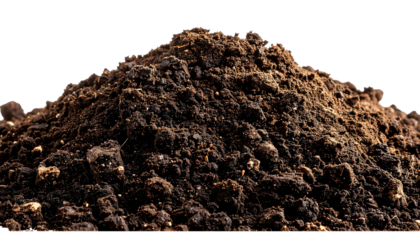 A mound of dark brown soil against a black background with scattered pixelated edges and soft shadows