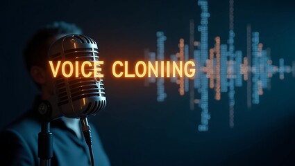 A dramatic scene featuring a vintage microphone with the glowing text 'VOICE CLONING' in the background, symbolizing modern technology.