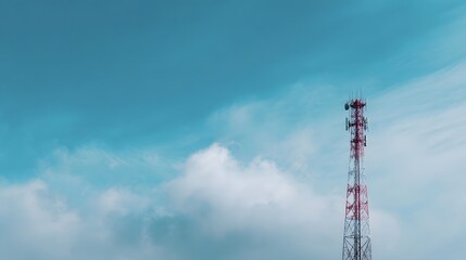 Obraz premium Telecommunication tower with signal lines against a clear blue sky