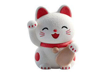 Cute Lucky Cat Figurine with Raised Red Paw on Transparent Background