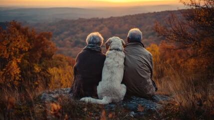 a senior couple with a dog in an autumn nature at sunset no logos no brands ar 169