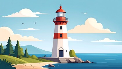 Coastal Lighthouse with Sunny Seascape.