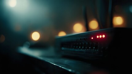 Router with blinking lights during data transfer in an office setup