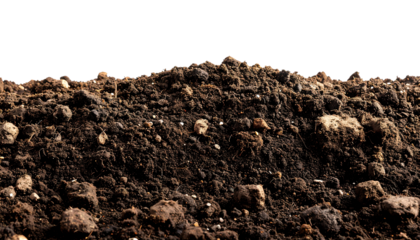A mound of dark brown soil against a black background with scattered pixelated edges and soft shadows