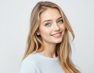 Portrait of a young woman with brown hair looking up and wearing a denim jacket on a white background