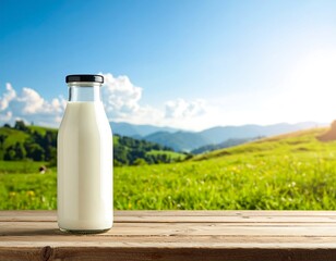 Milk bottle on wooden table, scenic backdrop