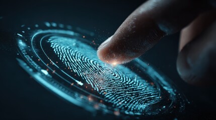 macro biometrical scanner processing finger print identifying user access futuristic hightech protection interface analysing fingerprint verifying personal login modern security digital concept  no l