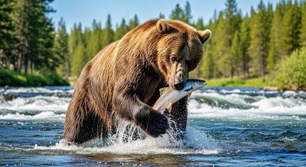 Massive brown bear standing midstream in a rushing river, hunting for fish