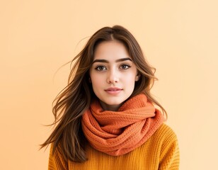 Portrait of a young woman with brown hair wearing an orange sweater and scarf against peach backdrop