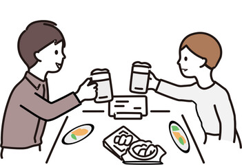 Two friends toasting with beer mugs at a dining table with food  