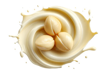 Three Macadamia Nuts Suspended in Whirl of Creamy Swirl Background