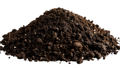 A mound of dark brown soil against a black background with scattered pixelated edges and soft shadows