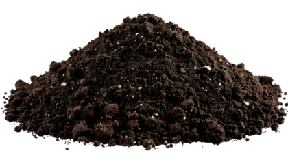 A mound of dark brown soil against a black background with scattered pixelated edges and soft shadows
