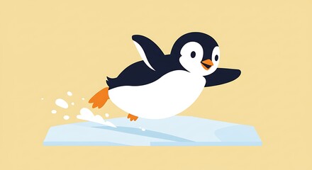 Obraz premium Cartoon penguin jumping off iceberg in simple vector illustration graphic