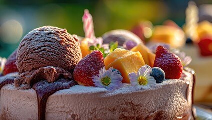 Birthday cake with chocolate ice cream, fruits, and flowers