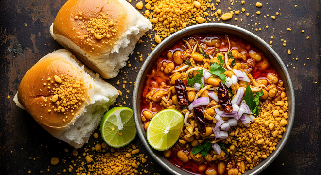 Delicious misal pav with vibrant toppings, served with lime and crumbs
