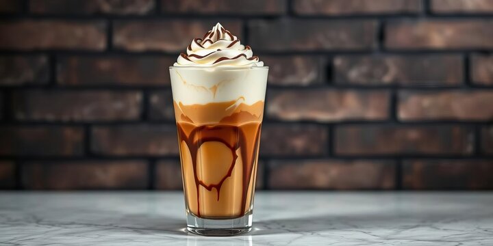 Layered Bicerin coffee drink, chocolate, whipped cream in glass against dark brick wall,  food,  coffee shop