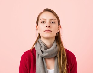 Portrait of a young woman with long brown hair wearing a red cardigan and a gray scarf against pink