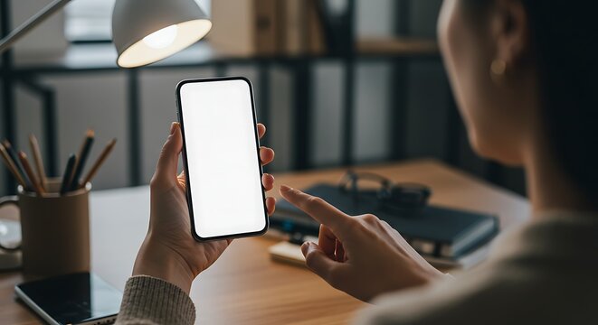 Woman at a desk using a modern smartphone with a blank white screen, a perfect mockup