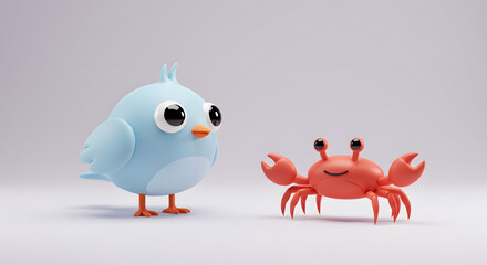 Fototapeta premium Adorable blue bird and friendly red crab form an unexpected, cute companionship, showcasing a charming duo of animated characters in a playful 3D render on a clean background