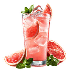 A tall glass of refreshing grapefruit juice with ice, garnished with fresh mint leaves and grapefruit slices, isolated on a transparent background