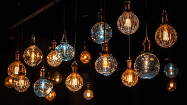 lighting balls on the chandelier in the lamplight light bulbs hanging from the ceiling lamps on the dark background no logos no brands ar 169