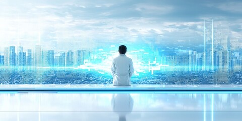 A futuristic scene showing a person in a lab coat gazing at a digital cityscape filled with blue holographic data.