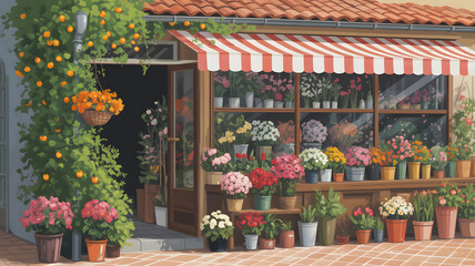 Charming florist shop overflowing with vibrant blooms and lush greenery on a sunny day