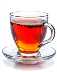 A warm cup of brewed tea on a glass saucer.
