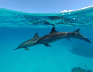 Naklejka premium Two dolphins swimming in clear turquoise water