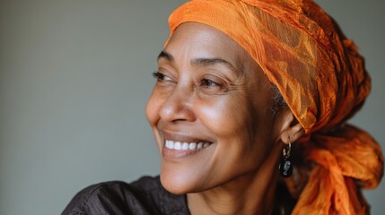 smiling middle aged african american woman with orange headscarf beautiful black woman in casual clothing with traditional turban at home laughing portrait of mature carefree lady looking away no log