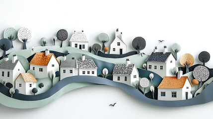Whimsical paper-cut village scene with charming houses and lush trees on undulating hills, a serene and artistic illustration capturing the essence of a peaceful community concept.