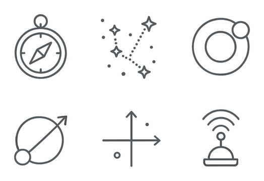 Minimalist tech icons featuring compass, constellation, planet, arrow, cross, and satellite dish