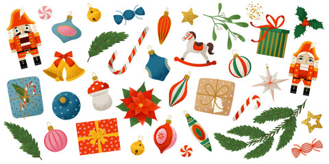 Christmas Collection of Vintage Xmas Toys, Evergreen Plants, Candies and Gift Boxes. Textured Vector illustration in style