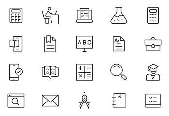 Education thin line vector icon set. Pixel perfect. Editable stroke. The set contains icons: E-Learning, Education, Home Schooling, Classroom, Diploma, Social Distancing, Web Conference.