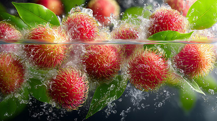 Rambutan Splash: A vibrant image showcasing rambutan fruit, partially submerged in refreshing water with green leaves, showcasing the refreshing essence of summer and tropical cuisine. 