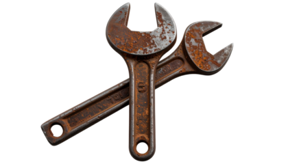 rusty wrenches crossed each other isolated, transparent background