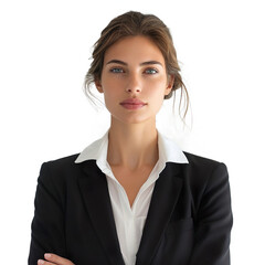 Confident professional businesswoman in a black suit and white shirt with arms crossed isolated on transparent background