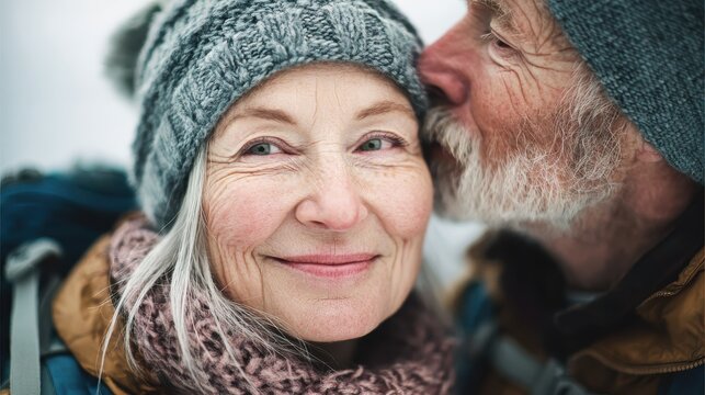 happy senior couple having tender moment during hiking day in the mountains winter and love concept soft focus on womans face no logos no brands ar 169