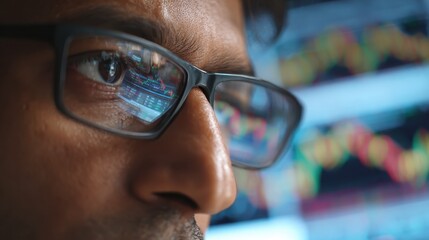 young indian business man trader wearing glasses looking at computer screen with trading charts reflecting in eyeglasses watching stock trading market financial data growth concept close up no logos 