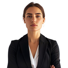 Serious professional woman in a black suit with arms crossed looking directly at the camera isolated on transparent background