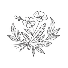 Hand-Sketched Floral Bouquet: Outline Drawing of Flowers and Plants